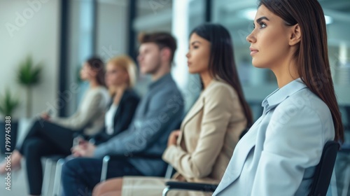 The picture of the unemployed people sitting next to the each other for the appointment of the interview, the interview require the preparation, resume review, practice and communication skill. AIG43.