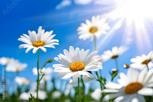 Daisies blooming in a sunlit field.
