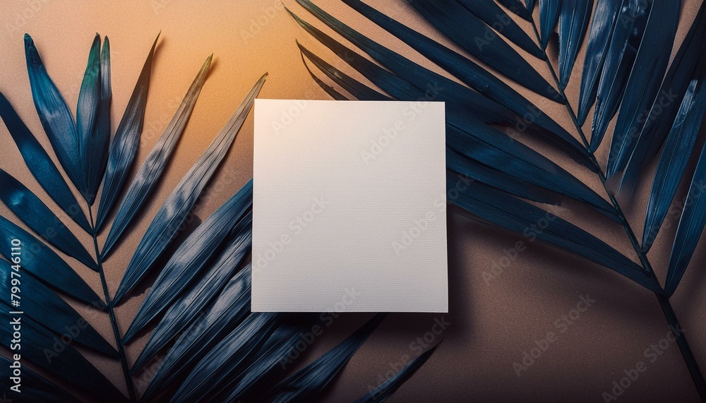 Sunshine Serenade: White Card Paper Positioned on Vibrant Green Palm Leaf Against Sunny Yellow Backdrop Sunshine Serenade: White Card Paper Positioned on Vibrant Green Palm Leaf Against Sunny Yellow Backdrop