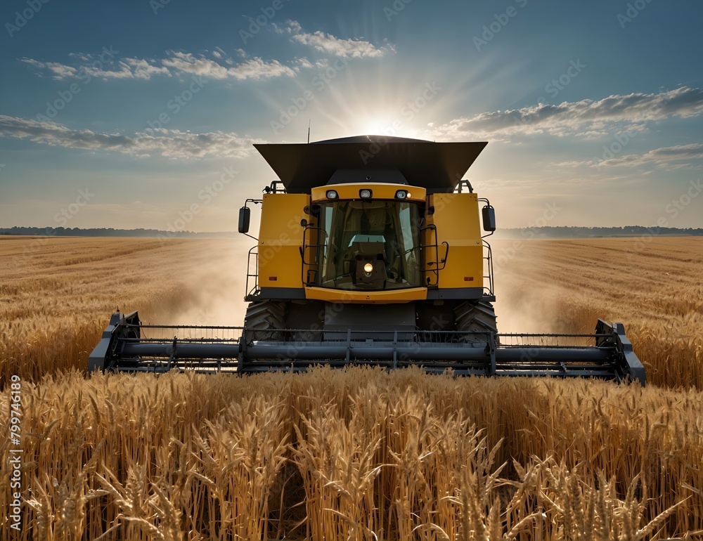 Fototapeta premium Front view of modern automated combine harvesting wheat ears on a bright summer day. Grain harvester in a vast golden wheat field. Blue cloudy sky with bright sun in the background.