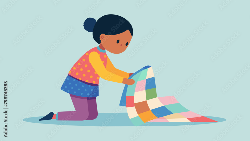 A young child carefully choosing fabric scraps to add to their very first quilt guided by a skilled quilter. Vector illustration A young child carefully choosing fabric scraps to add to their very first quilt guided by a skilled quilter. Vector illustration