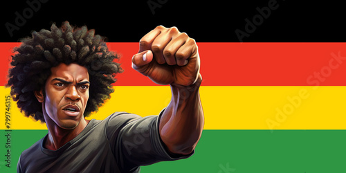 African American guy against Black history month flag, space for text