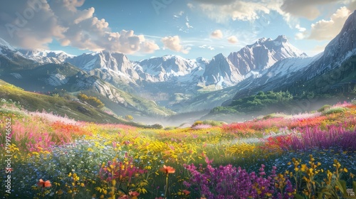 An expansive panorama of the valley shows the delicate interplay of light and color as flowers blanket the earth, Sharpen realistic cinematic color high detail landscape background © Sweettymojidesign