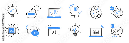 Artificial ai brain icon. Ai machine digital robot hand drawn doodle line icon. Artificial brain algorithm machine science concept. Hand drawn sketch style cute blue line. Vector illustration photo