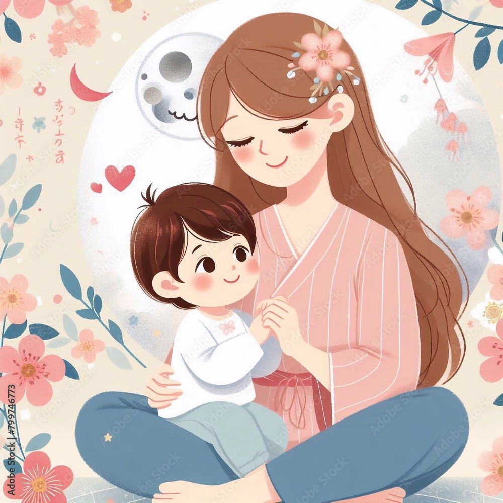 Illustration of mother with her little child. Concept of mothers day, mothers love, relationships between mother and child Illustration of mother with her little child. Concept of mothers day, mothers love, relationships between mother and child