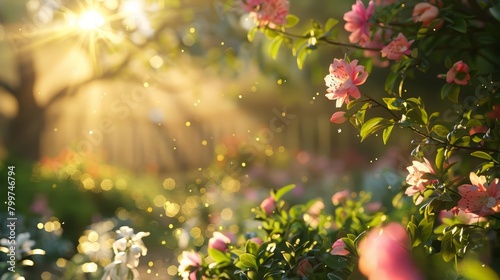 Delicate petals glisten as the morning sun casts its warm glow over the sprawling garden, Sharpen realistic cinematic color high detail with no billboard and advertise