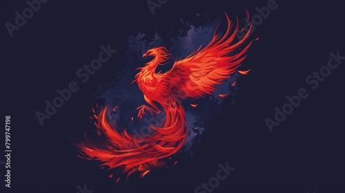 Flat solid color illustration of a fiery red phoenix rising from ashes on a deep indigo background