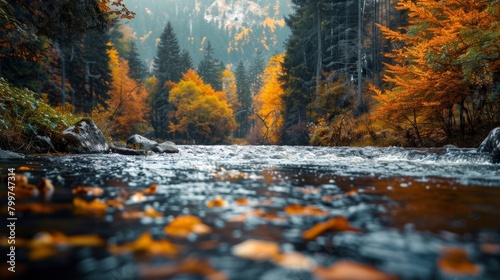 A calm river surrounded by autumnal colors representing the change of seasons and the onset of SAD.. photo