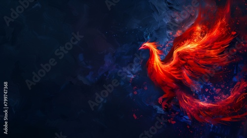 Flat solid color illustration of a fiery red phoenix rising from ashes on a deep indigo background