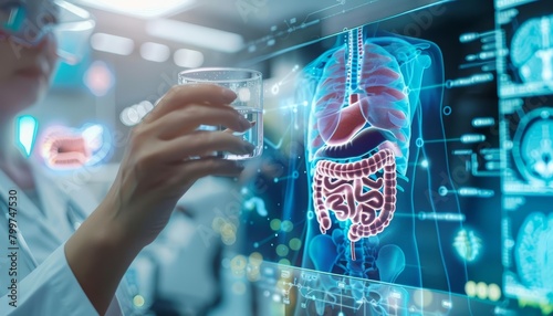 Scientists employ virtual reality to teach students about the human digestive systems functions, Sharpen close up hitech concept with blur background photo