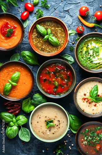 Colorful Assortment of Fresh Vegetable Soups Served in Bowls on a Dark Table