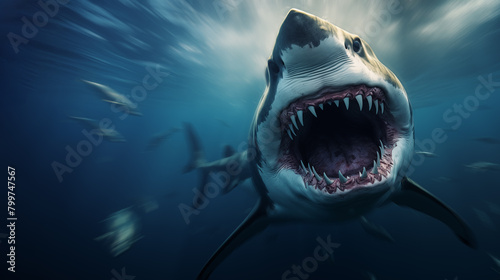 Agrresive Shark attack underwater on blurred background, open mouth with great teeth