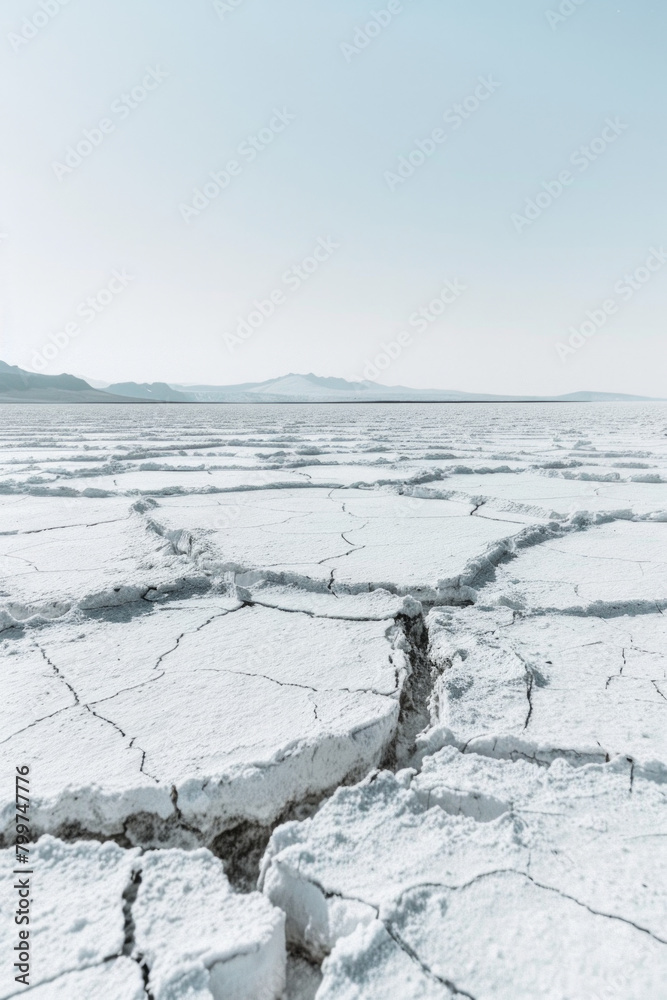 Vast expanse of salt flats, with their cracked and textured surface forming intricate patterns that stretch to the distant horizon