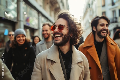 Handsome young man with long curly hair wearing sunglasses and coat walking in the city. photo