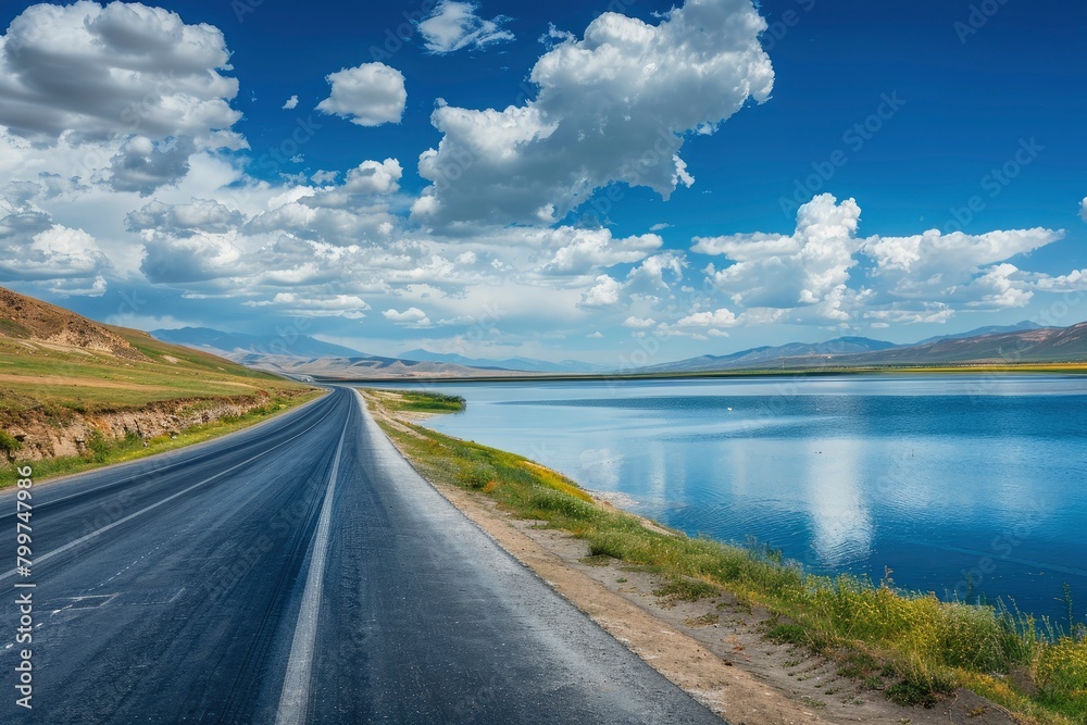 Asphalt road and lake with sky clouds natural scenery in Xinjiang, China - generative ai