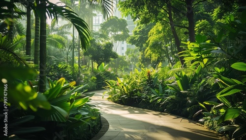 Lush greenery surrounds the urban spaces, showcasing Singapore as a leading green city, Sharpen realistic cinematic color high detail with no billboard and advertise photo