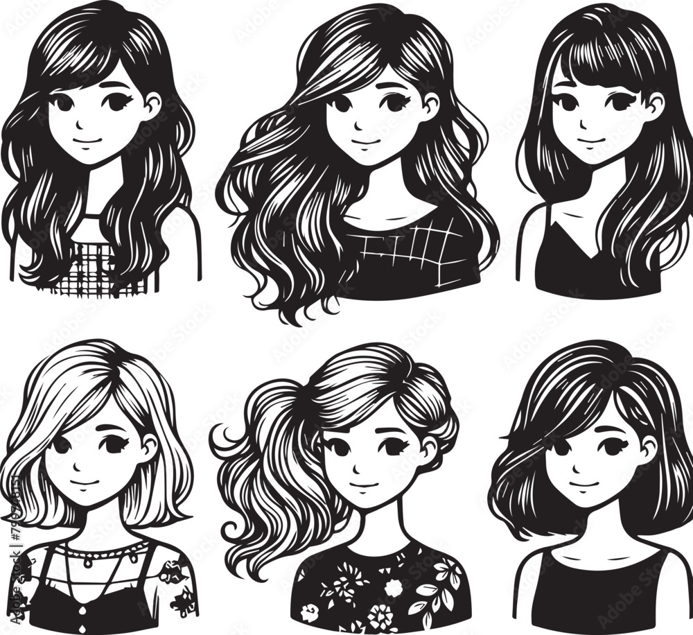 Vector lady hairdo silhouette set, black. Illustration hairstyles for females of diverse themes Vector lady hairdo silhouette set, black. Illustration hairstyles for females of diverse themes