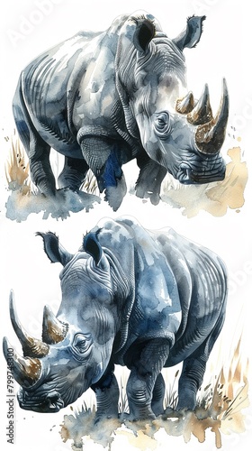 woolly rhinos watercolor storybook illustration