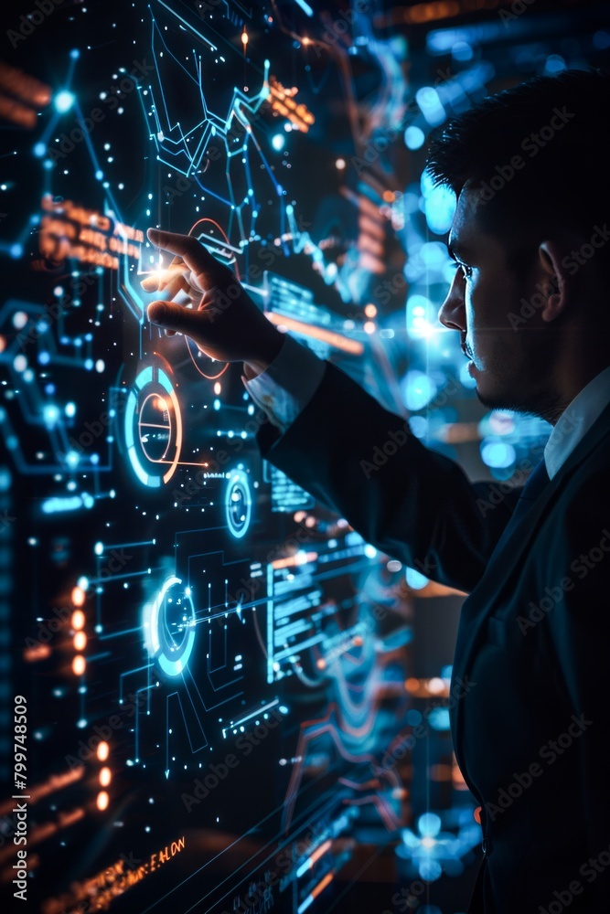 Obraz premium Business Professional Analyzing Futuristic Data Visualizations on a Digital Interface