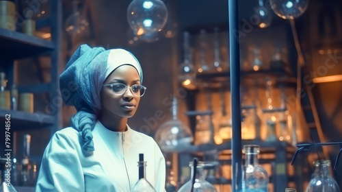 Doctor woman dark-skinned African American in her office and medical modern laboratory where people are undergoing examination of their health. photo