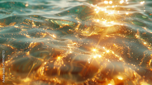 Surface water waves of sea with golden light tone, texture of glitter water and soft waves with sun glare and ripple. photo