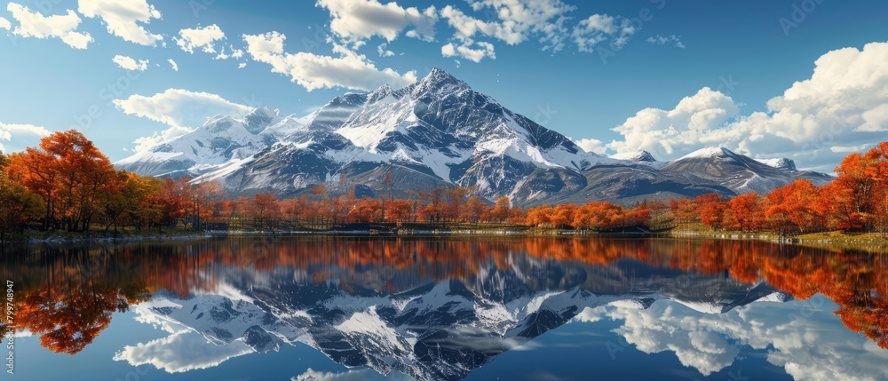 This 3D render showcases a mountain surrounded by autumn colors, reflecting in a tranquil lake, Sharpen Landscape background