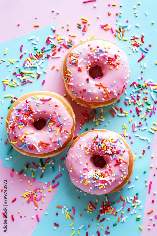Three Pink Frosted Doughnuts With Colorful Sprinkles on a Dual-Tone Background Three Pink Frosted Doughnuts With Colorful Sprinkles on a Dual-Tone Background