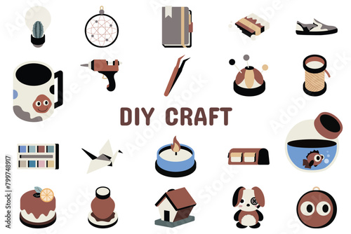 DIY Craft Flat Line Glyph Vector Illustration Icon Sticker Set Design Materials