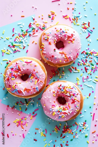 Three Pink Frosted Doughnuts With Colorful Sprinkles on a Dual-Tone Background