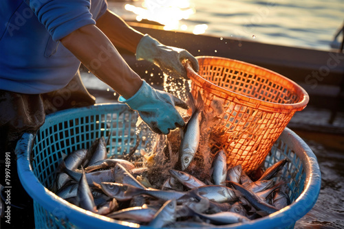 A person in a blue shirt and white gloves holds a basket of freshly caught fish photo