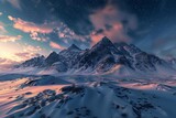 The panoramic view captures a 3D render of snowcapped mountains under a dramatic evening sky, Sharpen Landscape background