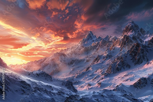 The panoramic view captures a 3D render of snowcapped mountains under a dramatic evening sky, Sharpen Landscape background photo