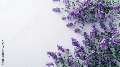 Purple color flowers on white background with copy space. AI generated