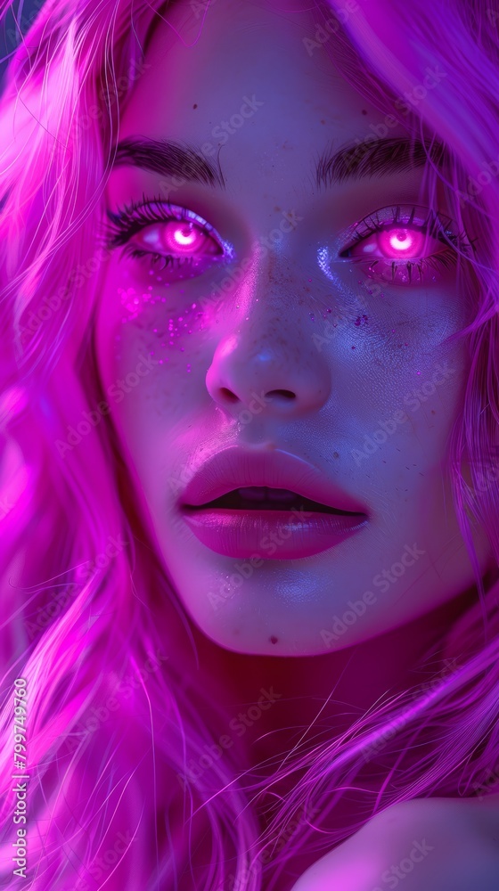 A portrait of a very beautiful gorgeous girl with pink soft hair and pink glowing iris in an surreal pink place with pink lights and purple tone and red vibe.