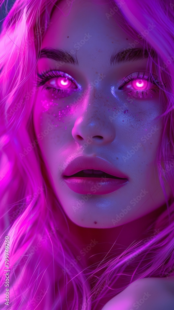 A portrait of a very beautiful gorgeous girl with pink soft hair and pink glowing iris in an surreal pink place with pink lights and purple tone and red vibe. A portrait of a very beautiful gorgeous girl with pink soft hair and pink glowing iris in an surreal pink place with pink lights and purple tone and red vibe.