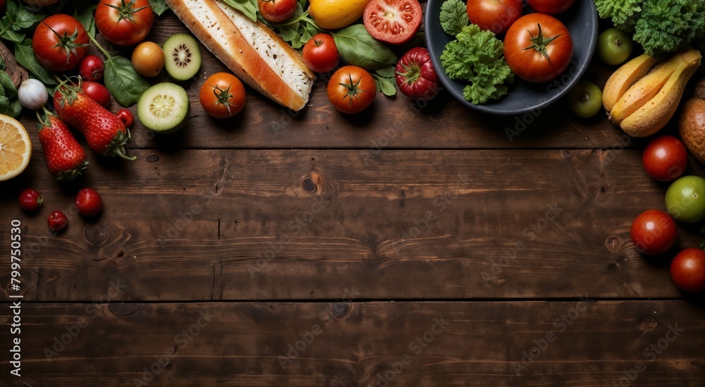 Fruits, vegetables on wooden background, banner Fruits, vegetables on wooden background, banner