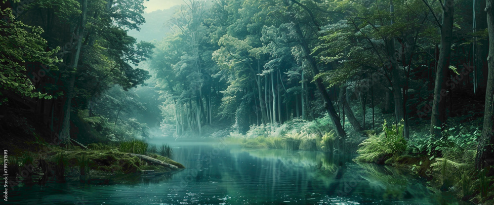 Obraz premium A serene teal-colored river winding its way through a quiet forest, its gentle flow inviting peaceful contemplation.