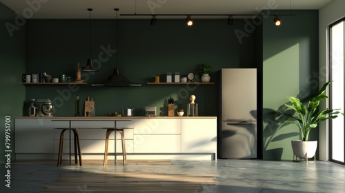 Kitchen room interior with dark green walls.AI generated image.