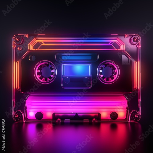 Retro audiocassette. Neon audio cassette. Old-school nostalgia concept