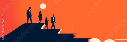 An adult leading children up a stairway towards a bright circle, symbolizing hope and guidance photo
