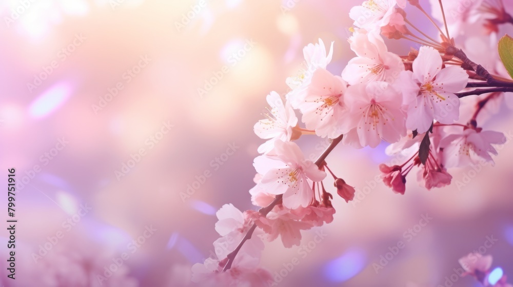Cherry branch on pink blurred background. Spring concept card