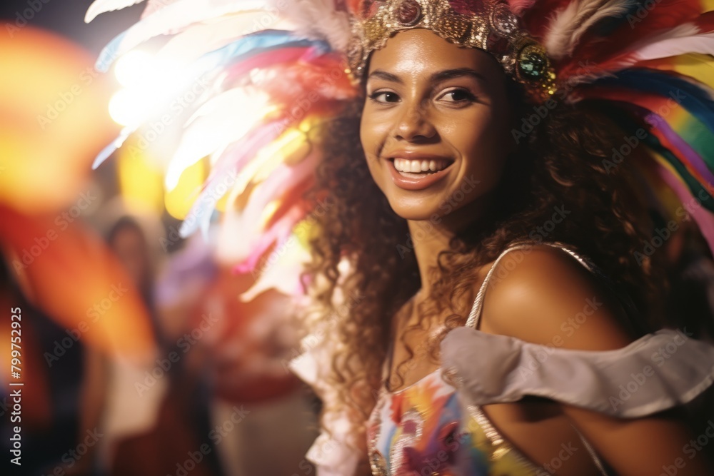 Colombian woman at the Carnavales de Barranquilla celebration, in colorful cultural attire