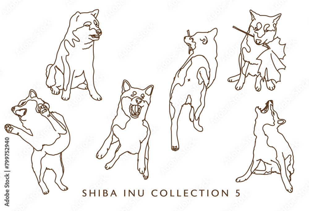 Naklejka premium Shiba Inu Dog Outline Illustrations in Various Poses - Collection 5