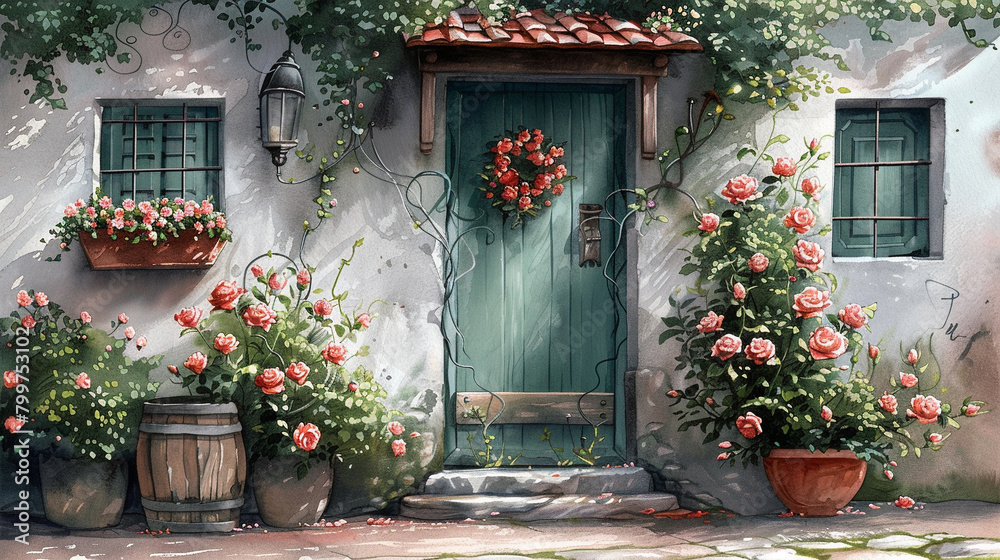 Floral Cottage Charm, A charming cottage adorned with fresh roses evokes a storybook setting.