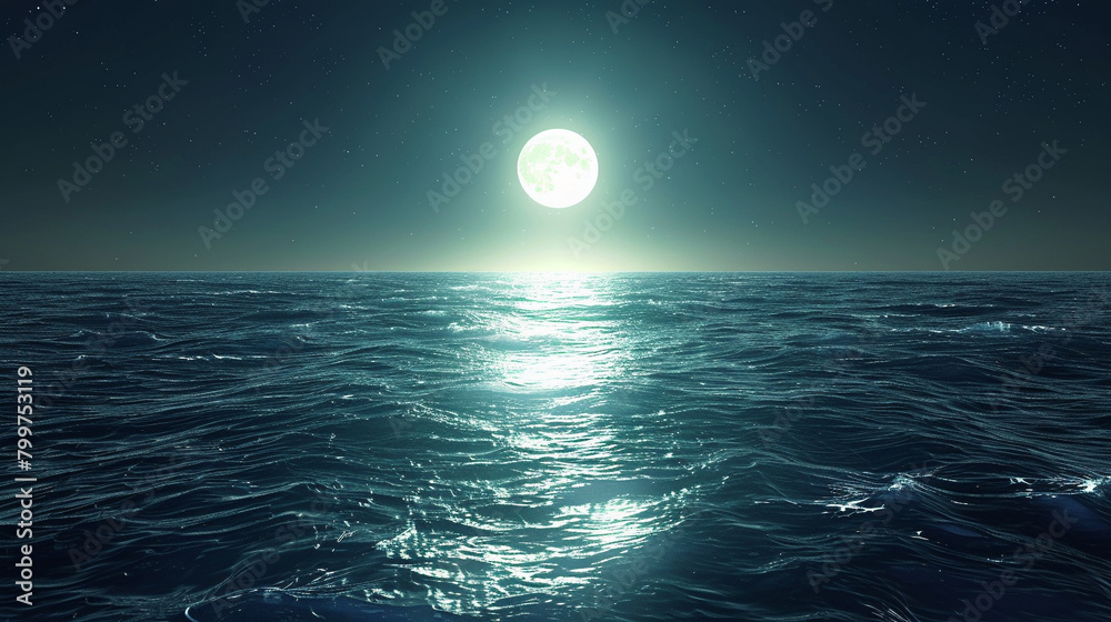 Moonlight over Ocean, The full moon casts a silvery path across the calm ocean under a starry night sky. Moonlight over Ocean, The full moon casts a silvery path across the calm ocean under a starry night sky.