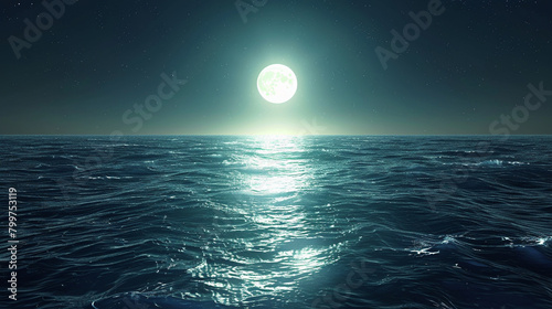 Moonlight over Ocean, The full moon casts a silvery path across the calm ocean under a starry night sky. photo