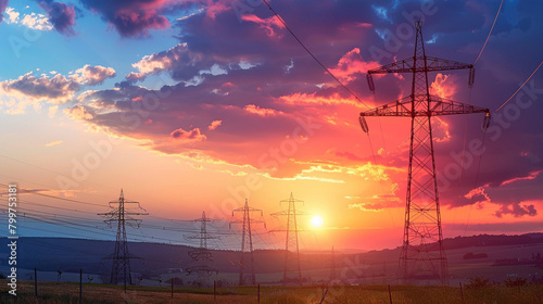 Sunset Power Lines, A stunning sunset silhouetting power lines across a rural landscape.