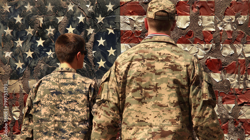 Soldiers and the Flag, Two soldiers standing in front of a weathered American flag mural, contemplating.