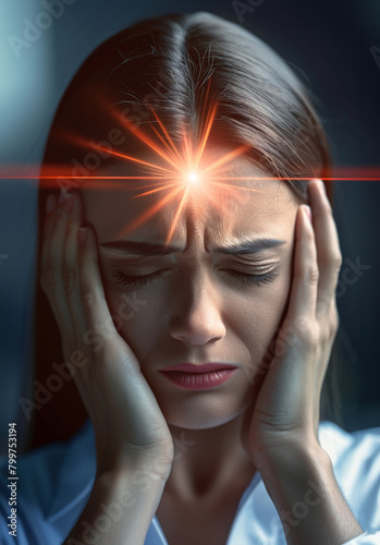 Woman with Migraine, A depiction of a woman suffering from a migraine, with visual effects illustrating head pain.