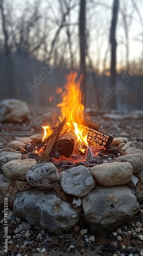 A bonfire burning in a stone fire ring in the woods.